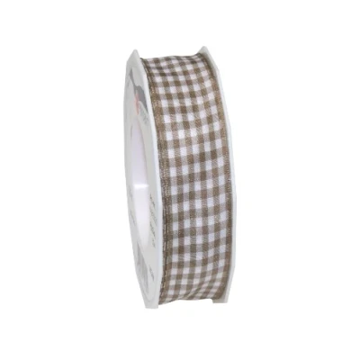 Afbeelding van PRÄSENT Vichy Cadeaulint met draadrand, taupe/wit, 20 m decoratielint om te versieren en knutselen, 25 mm breed, geruit lint voor kleurrijke decoraties geschenkverpakkingen, feestelijke