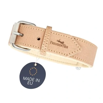 Afbeelding van FREUDENTIER® Hondenhalsband van leer, Made in Nederland, gevoerd en super comfortabel, hoogwaardige brede leren halsband volnerfleer, model &quot;Amstelpark&quot; (47 57 cm halsomtrek, zand)