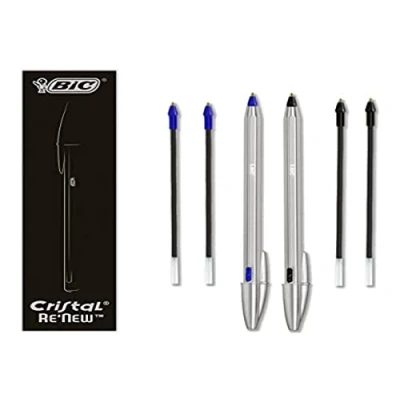 Afbeelding van BIC Cristal Re&#039;New Gift Box, navulbare balpen van metaal, blauw en zwart, 2 pennen + 4 vullingen, voor school kantoor