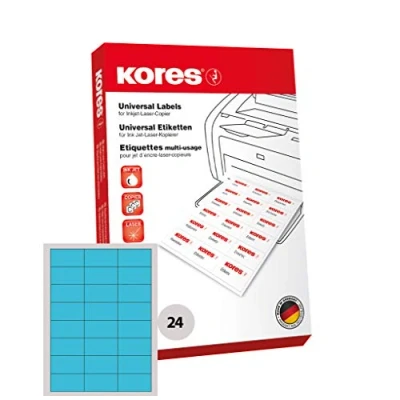 Afbeelding van Kores L7037B universele etiketten voor inkt jet, laser en kopieerapparaat, 70 x 37 mm, 100 vellen, blauw