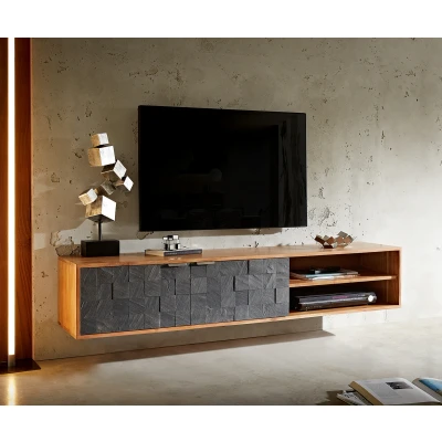 Afbeelding van TV meubel Teele acacia natuur leisteen 160 cm 2 deuren lowboard zwevend