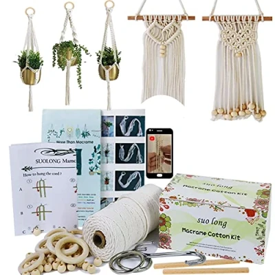 Afbeelding van Macraméset voor beginners met handleiding (mogelijk niet beschikbaar in het Nederlands), 3 mm garen houten ringen en kralen, macramé, wandbehang, bloemenhanger