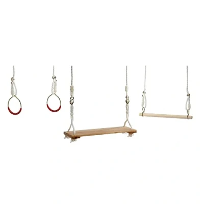 Afbeelding van Idena 40193 Turkse schommelset van hout met plankschommel, trapezium en ringen, voor kinderen vanaf 3 jaar, verstelbare touwen stalen draagkracht tot 50 kg, zorgeloos turnplezier