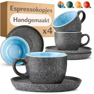 Afbeelding van Cosumy Set van 4 Espressokopjes Keramiek met Schoteltjes 90 ml Dikwandig Steengoed Handgemaakte Reactieve Glazuur Houdt Warmte Lang Vast (Blauw)