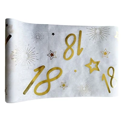 Afbeelding van Tralala Fêtes© Tafelloper voor 18e verjaardag lint tafelopzetstuk goud niet geweven chique decoratie wit en glanzende rol 31,5 x 500 cm (18 jaar)