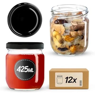 Afbeelding van KADAX Jampotten, 425 ml, inmaakpotten met schroefdeksel, glazen schroefdop, inweckpotten, voorraadpotten voor jam, honing (zwart, 12 stuks)