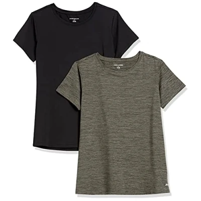 Afbeelding van Amazon Essentials Dames Tech Stretch T shirt met korte mouwen en ronde hals (verkrijgbaar in grote maten), 2 Pack, Olijfgroen Ruimteverf/Zwart, S