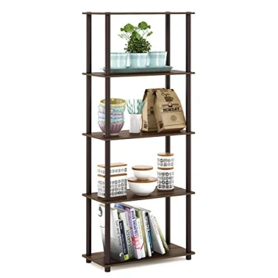 Afbeelding van Furinno Turn N Tube 5 traps multifunctionele plank, boekenkast, opbergrek, met ronde buizen, walnoot/bruin, 59,9 (breedte) x 145,8 (hoogte) 29,5 (diepte) cm