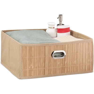 Afbeelding van Relaxdays 3x opbergmand badkamer bamboe mand kast organizer opbergdoos stof natuur
