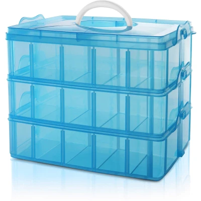 Afbeelding van Belle Vous 3 Laags Stapelbare Blauw Plastic Opslag Doos Aanpasbare Compartiment Sleuven Maxi 30 Compartimenten Container Voor het Opslaan van Speelgoed, Juwelen, Kralen, Hobby en Kunst