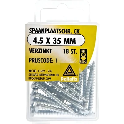 Afbeelding van Hout schroef. 4.5x35mm. Lang. Cilinderkop. verzinkt. 18 stuks spaanplaat schroeven. Kruiskop pzd 2.DeltafiX.