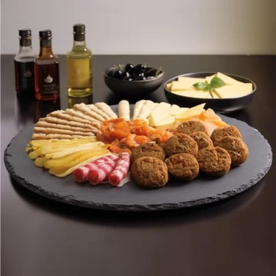 Afbeelding van Navaris draaiplateau van leisteen Lazy Susan 33cm doorsnee Draaiplank voor fruit, taart, of kaas en hapjes Roterend serveerbord