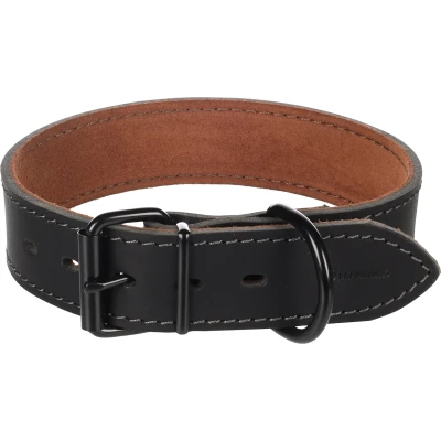 Afbeelding van Flamingo Montana Lederen Halsband, breed, zwart, M/L, 39,5 49,5 cm x 35 mm met klinknagels en gesp heeft een zwarte glanzende afwerking