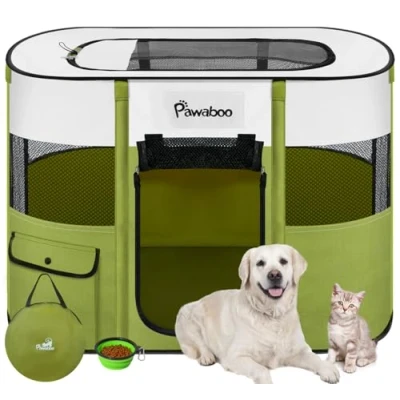 Afbeelding van Pawaboo Portable Pet Playpen, Foldble Dog Play Tent Kennel Crate with Waterproof Oxford, Cat Playpen Travel Bag Folding Bowl for Puppy and Rabbit, Indoor Outdoor Use, Green L