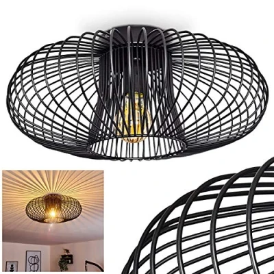 Afbeelding van plafondlamp Wemude, ronde metalen in zwart, 1 lamp, E27 fitting, retro licht met rastereffect,zonder lampen
