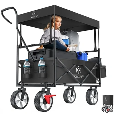 Afbeelding van KESSER® Bolderkar opvouwbaar Bolderwagen tot 100 kg draagvermogen Transportkar met massieve banden en Voorwielrem Strandkar 2 gaas zakken, Beschermhoes buitentas, Zwart
