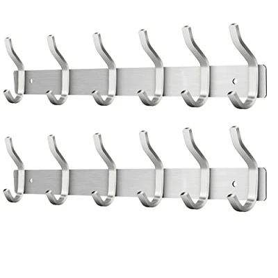 Afbeelding van MEIJO Wandkapstok met 6 haken, wandhaken voor handdoeken van roestvrij staal (zilverkleurig, 2 stuks)
