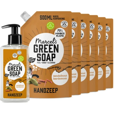 Afbeelding van Marcel&#039;s Green Soap Handzeep Sandelhout&amp;Kardemom 250 ml + 6 Navullingen Pakket