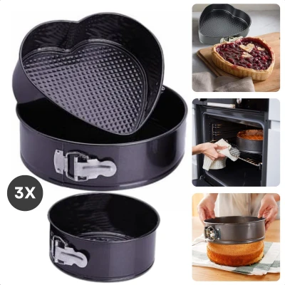 Afbeelding van Cheqo® Springvorm set 3 Delig Ovenbestendig Hartvormig en Ronde Bakvormen Bakvorm Cakevorm Hartjes Taartvorm Zwart