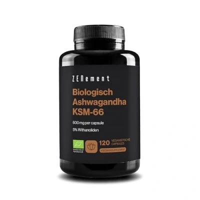 Afbeelding van Biologische Ashwagandha KSM 66 600 mg per capsule, 120 Vegan Capsules, 5% Withanolides (actief ingrediënt) 100% Natuurlijk Ayurveda Supplement Zenement