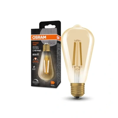 Afbeelding van OSRAM Vintage 1906® Classic Edison FIL 60 LED lamp, E27, dimbaar, vorm, goud, 7,2W, 806lm, 2400K, verminderd warm wit licht, laag verbruik, lange levensduur