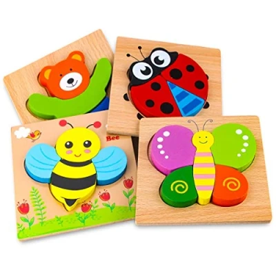 Afbeelding van Afufu Houten legpuzzels voor peuters van 1 2 3 jaar oud, jongens en meisjes educatief Montessori leerspeelgoed cadeau met 4 dierenpatronen, heldere levendige kleurvormen dieren