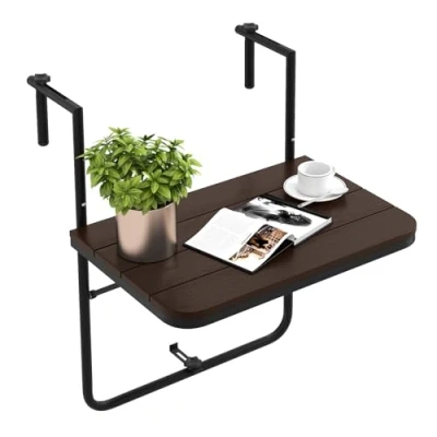 Afbeelding van COSTWAY Balkontafel om op te hangen, inklapbare balkonhangtafel met 3 traps verstelbare hoogte, klaptafel, hangtafel, weerbestendig, voor balkonleuningen, 60 x 40 cm, koffie