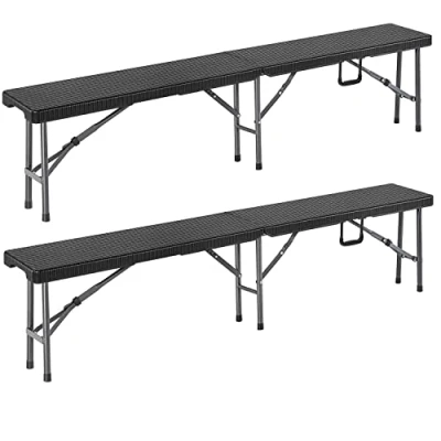 Afbeelding van Set van 2 uitklapbare bierbanken in polyrattan zwart 180 cm