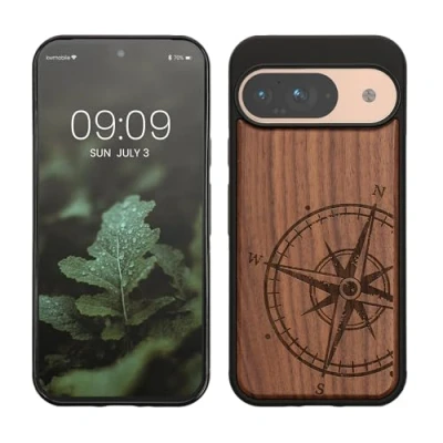 Afbeelding van kwmobile telefoonhoesje geschikt voorGoogle Pixel 9 / Pro Hoesje met bumper hout In donkerbruin Vintage Kompas design