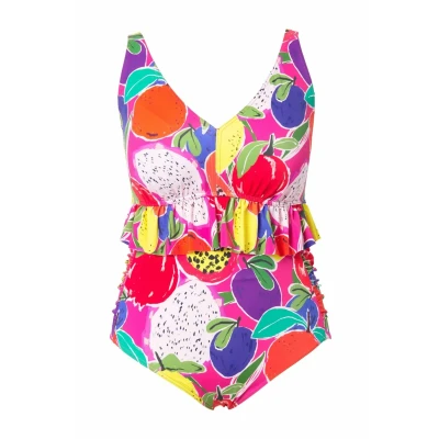 Afbeelding van Ulla Popken Fruit Print Ruffled TWO Piece SET Bikini, Dames, Maat: 48, Pink