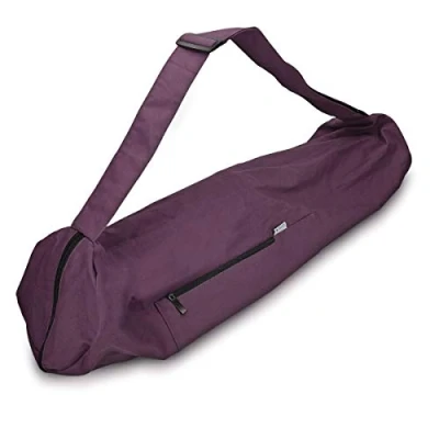 Afbeelding van Navaris Yogatas paars 100% katoen Yogamat tas met rits en extra vakje Wasmachinebestendige breed hengsel groot klein vak