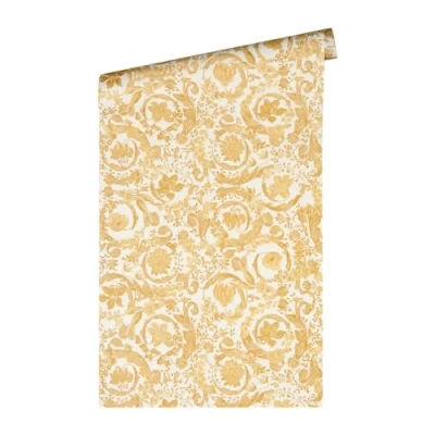 Afbeelding van SATIJN GLANZENDE KLASSIEKE BLOEMEN BEHANG Design goud wit A.S. Création Versace 5