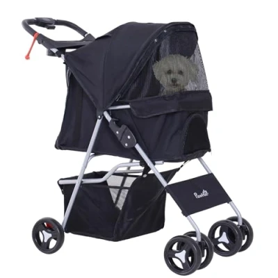 Afbeelding van Pawhut Buggy voor honden, 77 x 47 101 cm, opvouwbaar, waterdicht, stof 600D Oxford, 4 rollen, 84x48x95cm, zwart.