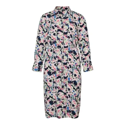 Afbeelding van VERO MODA CURVE blousejurk VMBONNI met all over print en ceintuur donkerblauw/ ecru
