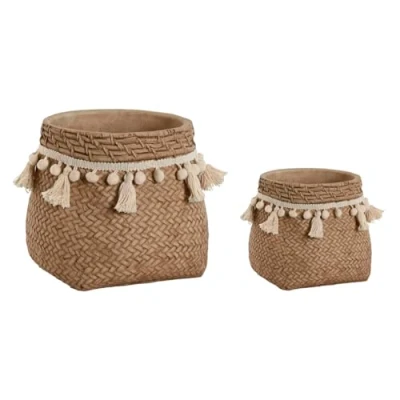 Afbeelding van Plantenbakkenset Home ESPRIT Lichtbruin Cement Tropisch 30 x 29 25 cm