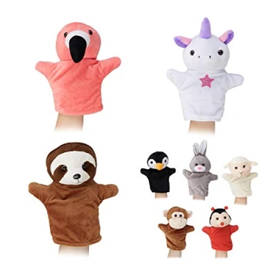 Afbeelding van Relaxdays handpoppen set voor kinderen, 8 dieren, aap, eekhoorn, luiaard en flamingo meer, pluche, diverse kleuren