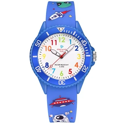 Afbeelding van Alienwork Ruimte Alien Kinderhorloge Leren Klokkijken Jongens Blauw Siliconen Armband Veelkleurig Kinder Horloge Waterdicht 5 ATM Leertijd