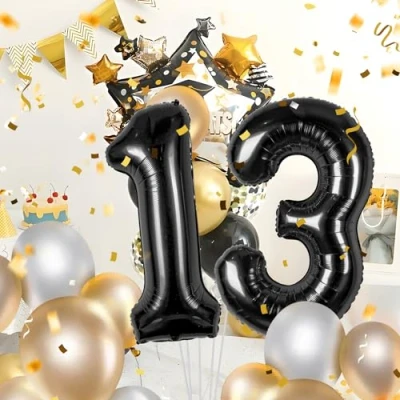 Afbeelding van Ballonnen verjaardag 13 zwart 100 cm ballon cijfer 13, nummer Happy Birthday decoratie, ballonnen, verjaardagsfeest, jaren vliegen dankzij helium