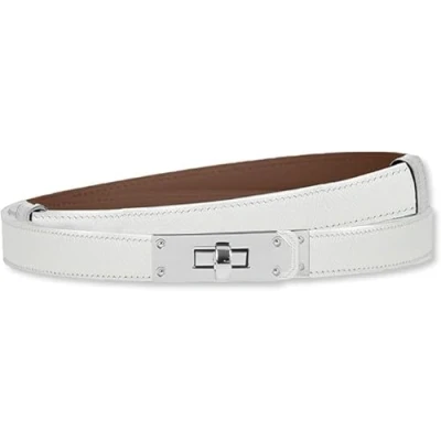 Afbeelding van HEVIBK Vrouwen Skinny Lederen Riem Klassieke Effen Kleur Legering Turn Lock Dames Verstelbare Slanke Dunne Taille (Wit/Zilver), Eén Maat