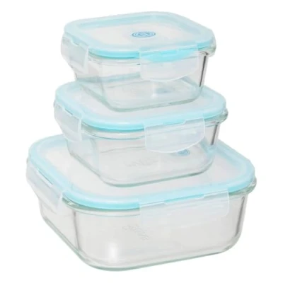 Afbeelding van 5Five Vershoudbakjes met deksel glas set 3x stuks 330/530/1180 ml luchtdicht clips