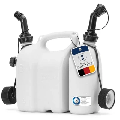 Afbeelding van hünersdorff Dubbele jerrycans/combi jerrycan voor brandstof en olie met 2 afvoerslangen, 3 + 1,5 liter, VN goedkeuring, Made in Germany
