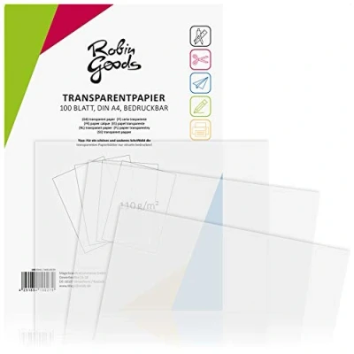 Afbeelding van Robin Goods® 100 vellen premium transparant papier DIN A4, 110 g/m², super kwaliteit, bedrukbaar, knutselpapier, calqueerpapier, perkamentpapier, architectenpapier (100 transparant)