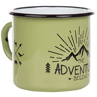 Afbeelding van MUGSY Emaille mok met spreuk The Adventure Begins, 330 ml, campingmok, campinguitrusting, retro design, groen