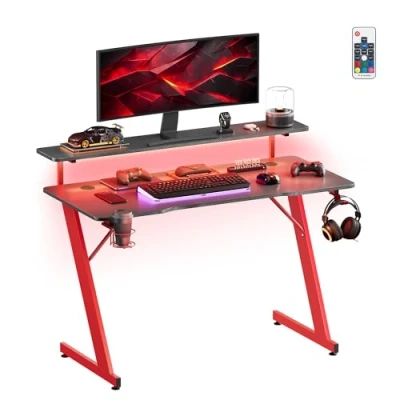 Afbeelding van SONGMICS HOME gaming bureau, met LED licht, Z vormig, monitorstandaard, bekerhouder, hoofdtelefoonhaak, voor thuiskantoor, carbonzwart en robijnrood LWD099B01
