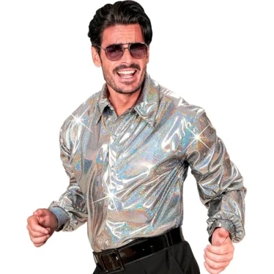 Afbeelding van Zilverkleurige disco blouse voor mannen Verkleedkleding Maat M/L