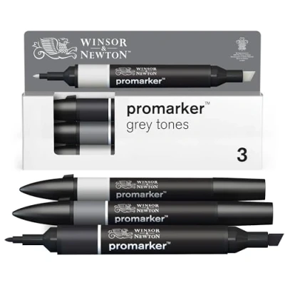 Afbeelding van Winsor &amp; Newton 0290185 ProMarker Set Grijstinten, 3 layout markers in een set, met 2 punten, fijn en breed voor tekeningen, ontwerp lay outs