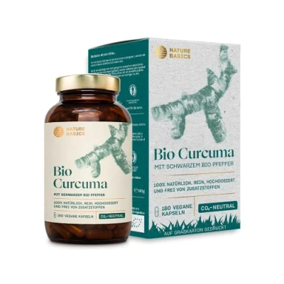 Afbeelding van Nature Basics® biologische kurkuma capsules met zwarte peper, gecertificeerd en duurzaam in glas, 4575 mg/228 mg curcumine &amp; 15 piperine, veganistisch, laboratorium