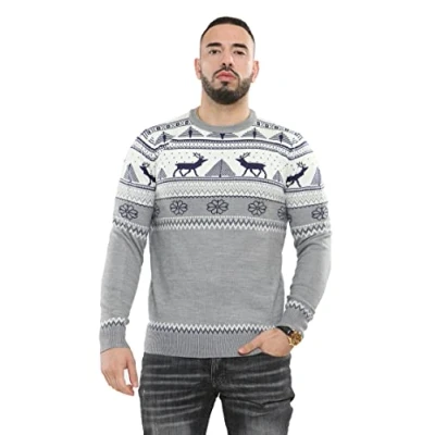 Afbeelding van NOROZE Mannen Vrolijk Kerstfeest Mock Zip Nordic Stijl Rendier Moose Stag Trechter Crew Hals Feestelijke Kerst Xmas Jumper, Cream, L