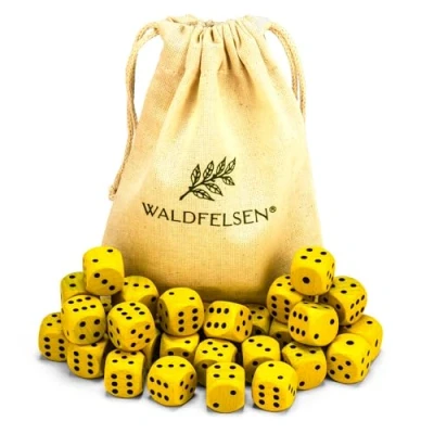 Afbeelding van Waldfelsen 6, 12, 20, 30 of 50 hoogwaardige houten kubussen van echt beukenhout, 16 mm standaard dobbelstenen met stoffen zak, kubusset (geel, stuks)