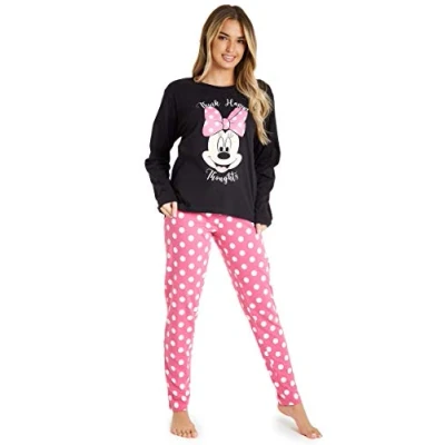 Afbeelding van Disney Stitch damespyjama set nachtkleding Eeyore Minnie Mouse lange pyjama loungewear vrouwen tieners S 2XL geschenken, Zwart/Roze Minnie, L